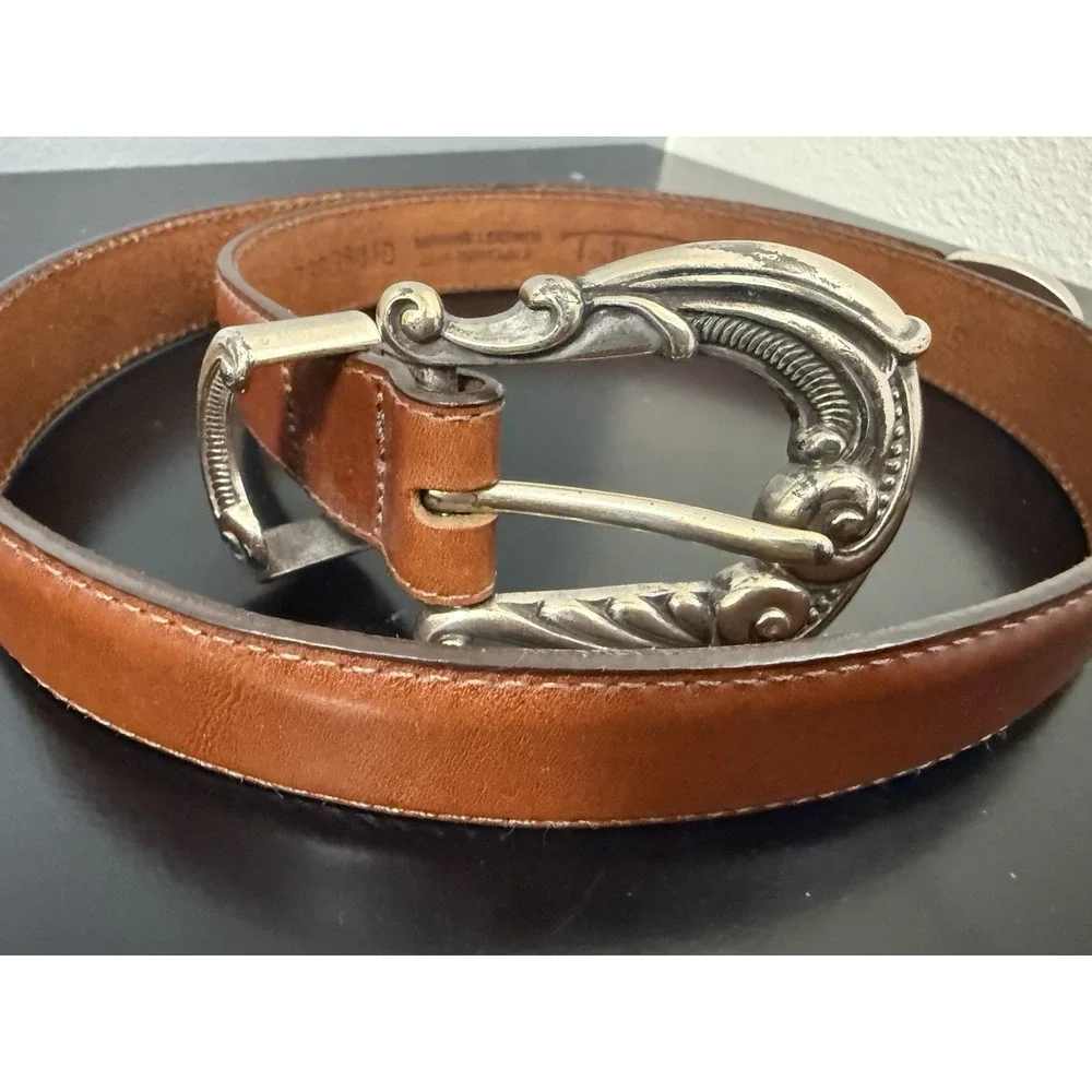Talbots Brown Leather Belt Western Buckle Gardening Charms Small USA Made 32